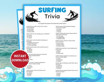 Surfing Trivia Game, Beach Brain Games, Beach Bridal Shower, Beach Baby Shower, Water Sports Trivia, Beach Vacation Party,Summer Trivia Quiz