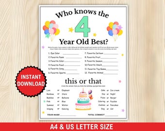 Who Knows the 4 Year Old Best, Fourth Birthday Games, 4th Birthday Trivia Quiz, 4th Birthday Party Printable Game for Boys and Girls
