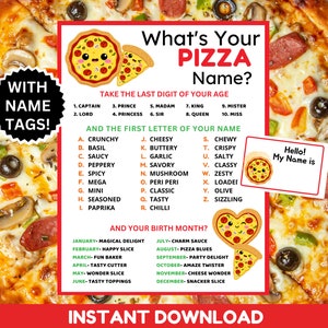 What&#39;s Your Pizza Name with Name Tags + Pizza Name Sign, Pizza Day, Pizza Birthday Party Activity, Pizza Party Games, Pizza Theme Party