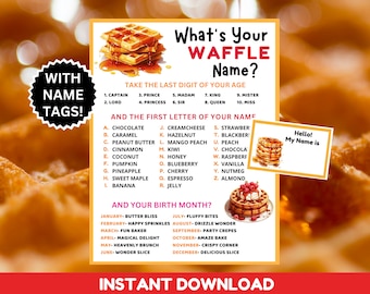 What&#39;s your Waffle Name Game with Name Tags + Waffle Sign, Waffle Party, Waffle Day, Shower Waffle Bar, Waffle Station Sign, Waffle Brunch