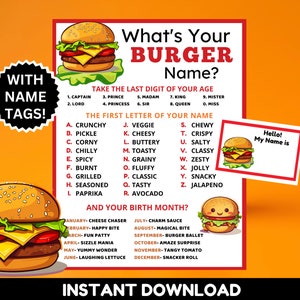 What's Your Burger Name Game with Name Tags & Burger Sign, Burger Birthday Bash, Burger Day Activity, BBQ Party, Hamburger Game, Burger Game
