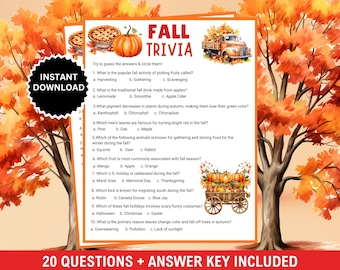 May include: A printable Fall Trivia game with 20 questions and an answer key. The game features a cartoon truck with pumpkins and a pie, and a fall-themed background.