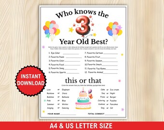 Who Knows the 3 Year Old Best, Third Birthday Games, 3rd Birthday Trivia Quiz, 3rd Birthday Party Game for Boys Girls,3rd Birthday Printable