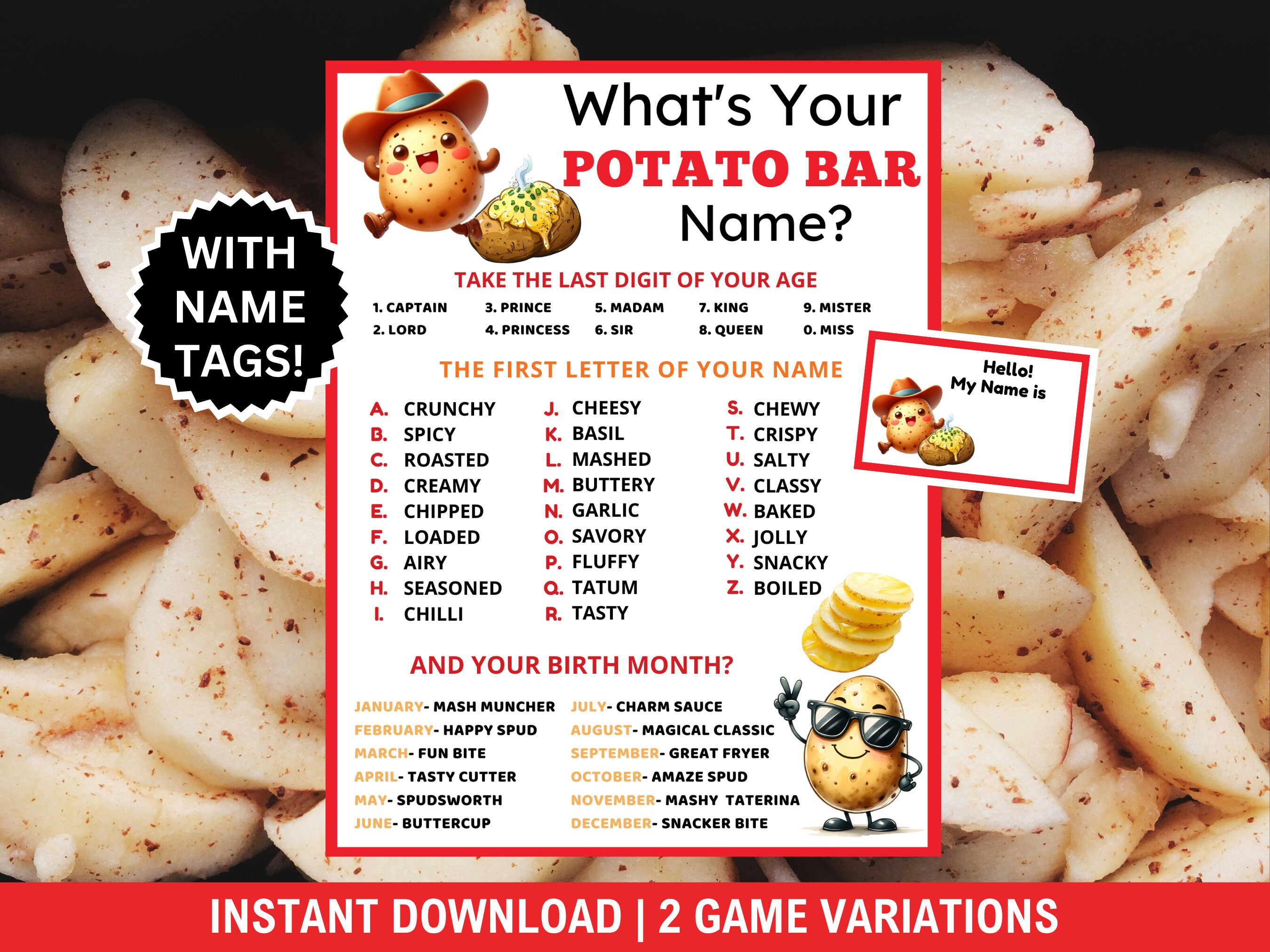 What's Your Potato Bar Name Game With Name Tags+ Sign, Potato Bar Party ...