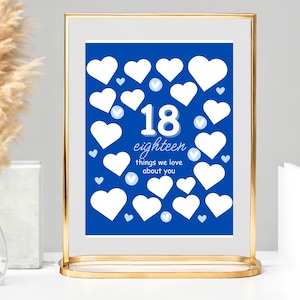 18 cosas que nos encantan de ti, decoraciones imprimibles para fiesta de 18 años en azul, dieciocho razones por las que te amamos, decoración para fiesta de 18 años
