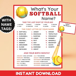 What&#39;s Your Softball Name Game with Name Tags & Softball Sign, Softball Team Name, Softball Birthday, Sports Birthday Party, Softball Games