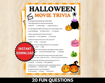 Halloween Movie Trivia Game, Fun Halloween Games, Scary Horror Movie Trivia Quiz, Printable Halloween Games for Adults, Teens, Office, Class