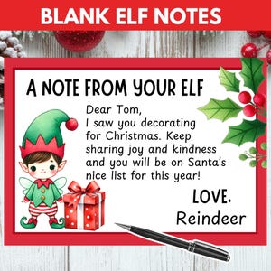 Puede incluir: Una tarjeta rectangular roja con el texto "BLANK ELF NOTES" en la parte superior. La tarjeta presenta una nota de un elfo con una ilustración de un elfo, un regalo y un bolígrafo. La nota está firmada "Love, Reindeer."