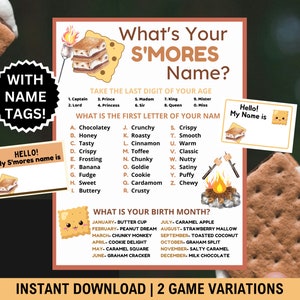 What&#39;s Your S&#39;mores Name Game With Name Tags+ Smores Sign, Camp Game, S&#39;mores Birthday, S&#39;mores Station, S&#39;mores Party, Camping Baby Shower