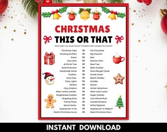 This or That Christmas Game Printable, Holiday Edition This or That, Family Holiday Activity, Would You Rather Christmas, Xmas Party Ideas