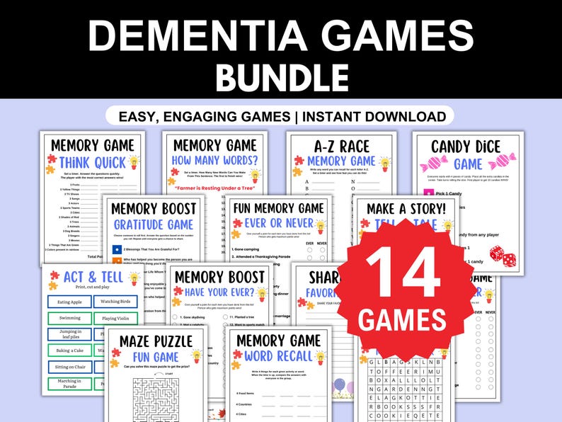 dementia games, dementia game bundle, dementia activity, elderly activities, spring activities for seniors, printable think fast game, think quick game, memory game for adults, Dementia Games Bundle -14 Fun Games, Brain Games, Memory Activities, Elderly game, Memory Game for Seniors, Adults