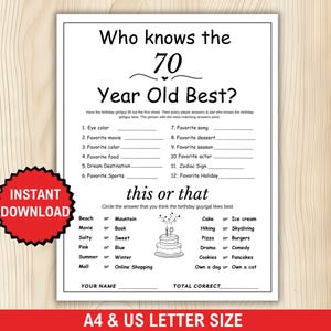 Who Knows the 70 Year Old Best Game, 70th Birthday Game, Printable, 70th Birthday Party Activity, 70th Birthday Trivia, 70th Party Ideas