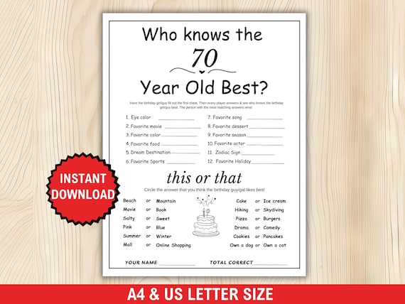 Who Knows the 70 Year Old Best Game, 70th Birthday Game, Printable, 70th Birthday Party Activity, 70th Birthday Trivia, 70th Party Ideas