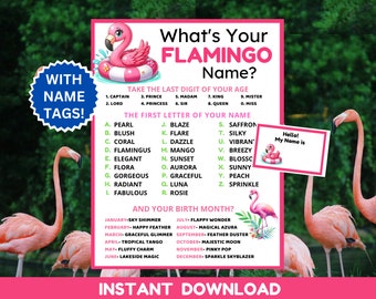 What&#39;s Your Flamingo Name Game with Name Tags + Flamingo Sign, Flamingo Games, Flamingo Baby Shower, Flamingo Birthday, Flamingo Theme Party