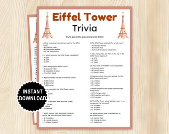 Eiffel Tower Trivia, Paris Trivia Game, French Theme Party, Eiffel Tower Activity, Paris Bridal Shower, Birthday in Paris, Paris Baby Shower