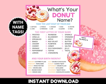 What's Your Donut Name Game With Name Tags + Donut Name Sign, Donut Baby Shower, Donut Bar, Donut Birthday, Donut Party Game, Donut Stand