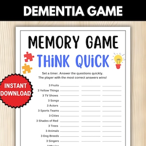 Dementia Think Quick Game, Dementia Activities, Brain Games, Memory Activities, Elderly game, Dementia game, Memory Game for Seniors, Adults