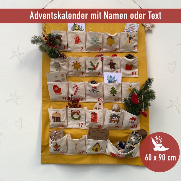 Adventskalender mit Namen oder Text zum befüllen. Aus Stoff mit 24 bestickten Taschen zum Aufhängen