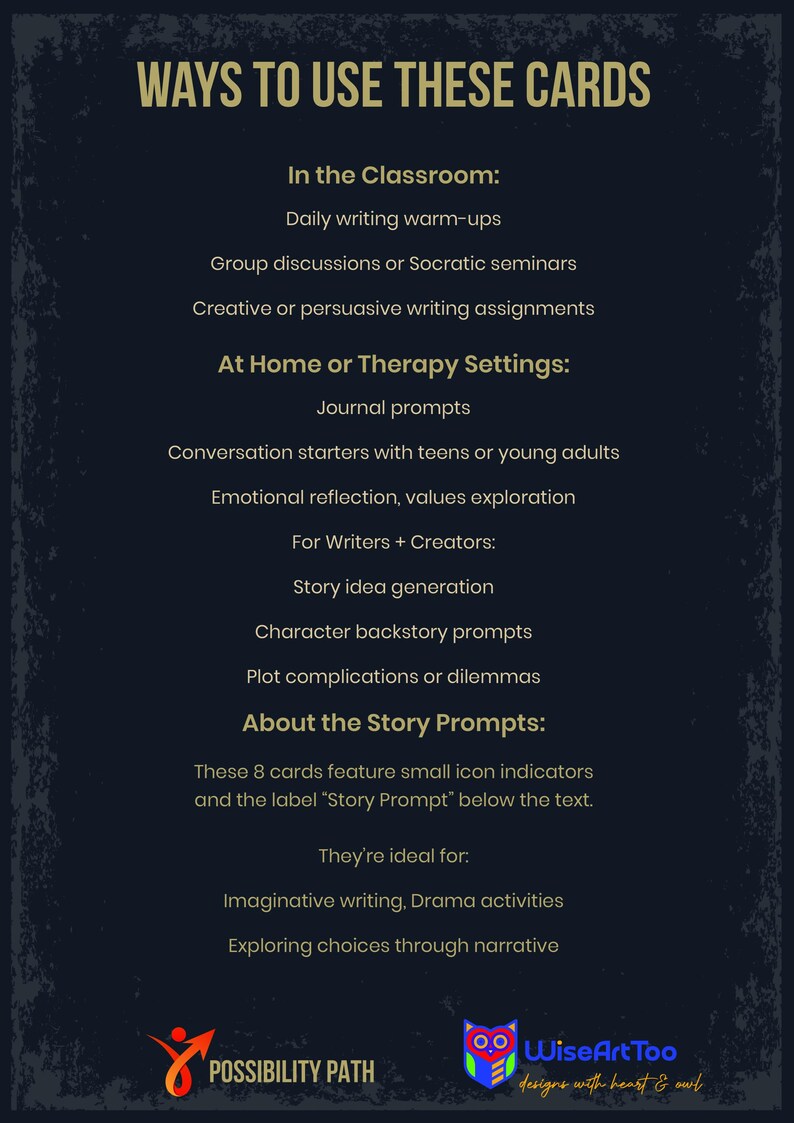 Puede incluir: Una tarjeta azul oscuro con texto dorado que enumera formas de usar tarjetas de indicaciones de historias. El texto incluye ideas para el aula, el hogar y entornos terap&eacute;uticos, y para escritores y creadores. Logotipos de Possibility Path y WiseArtToo.