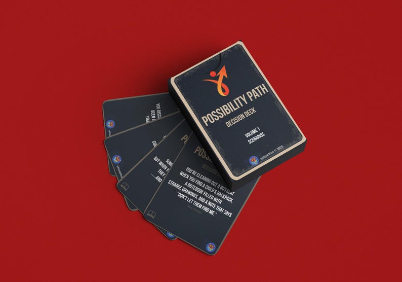 Puede incluir: Un mazo de cartas titulado "Possibility Path Decision Deck, Volume 1 Scenarios" con un logotipo de flecha hacia arriba. Las cartas son de color azul oscuro con texto blanco y un fondo rojo.
