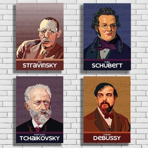 Classical Composers for Music Enthusiasts Collectible Series featuring Customizable Posters Designs Schubert Stravinsky Tchaikovsky, Debussy