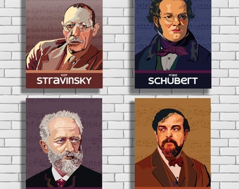 Classical Composers Poster Set: Stravinsky, Schubert, Tchaikovsky, Debussy (Digital Download)