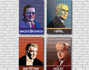 Classical Composers Poster Set: Shostakovich, Bernstein, Ravel, Holst (Digital Download)