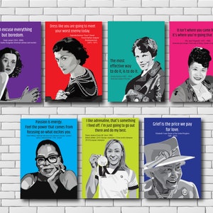 May include: A collage of 10 inspirational quotes from famous women, each with a portrait of the woman. The quotes are printed in white on a colorful background. The women include Coco Chanel, Amelia Earhart, Ella Fitzgerald, Oprah Winfrey, Jessica Ennis-Hill, and Queen Elizabeth II.