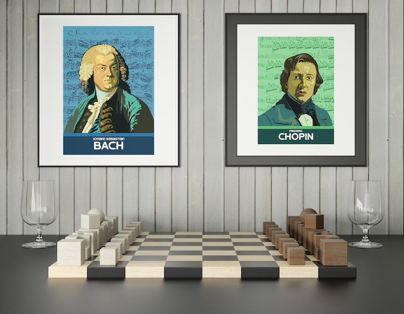 May include: Two framed posters of famous composers, Johann Sebastian Bach and Frederic Chopin, with their portraits against a background of musical notes. A wooden chessboard with white and brown pieces is in the foreground.