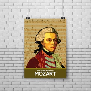May include: A vintage-style illustration of Wolfgang Amadeus Mozart, a famous composer, against a background of musical notes. The text "Wolfgang Amadeus Mozart" is printed below the image.