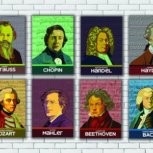 Cartazes de música clássica para sala de aula para impressão, Mozart, Bach, Chopin, Beethoven, Strauss, música, Haydn, Mahler, Handel, recursos para sala de aula
