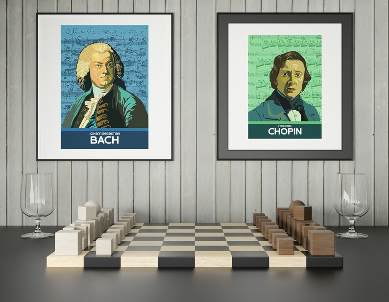 May include: Two framed posters of famous composers, Johann Sebastian Bach and Frederic Chopin, with their portraits against a background of musical notes. A wooden chessboard with white and brown pieces is in the foreground.