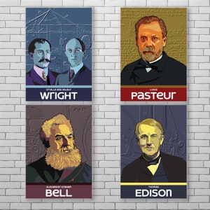 Póster de inventores pioneros: Bell, hermanos Wright, Edison, Pasteur (descarga digital)