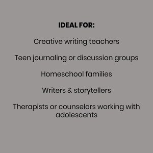 Puede incluir: Fondo gris con el texto "IDEAL PARA:" seguido de una lista de grupos, incluyendo profesores de escritura creativa, grupos de adolescentes que escriben en diarios, familias que estudian en casa, escritores y terapeutas.