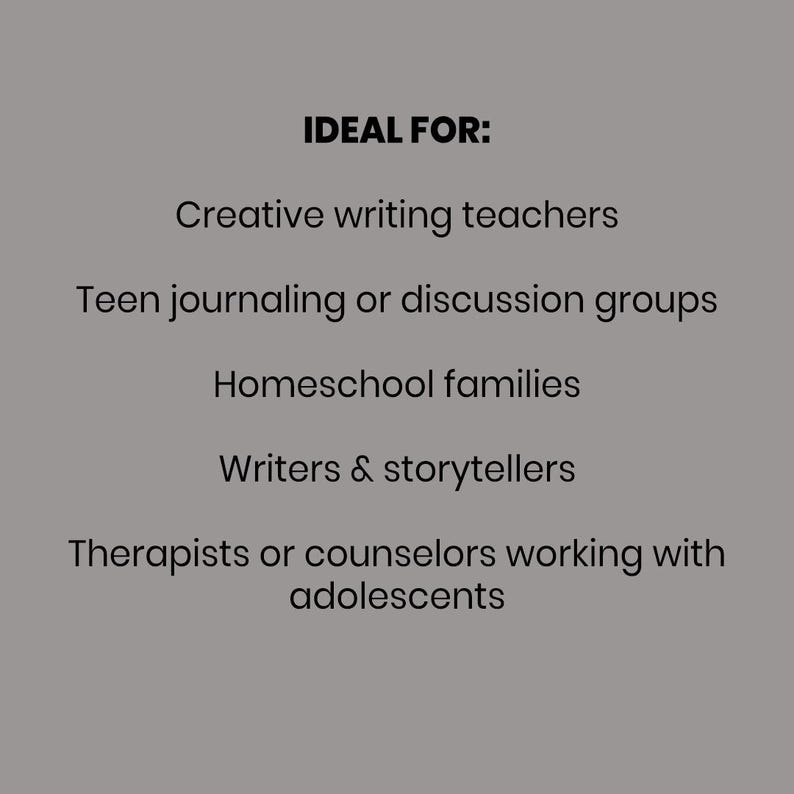 Puede incluir: Fondo gris con el texto "IDEAL PARA:" seguido de una lista de grupos, incluyendo profesores de escritura creativa, grupos de adolescentes que escriben en diarios, familias que estudian en casa, escritores y terapeutas.