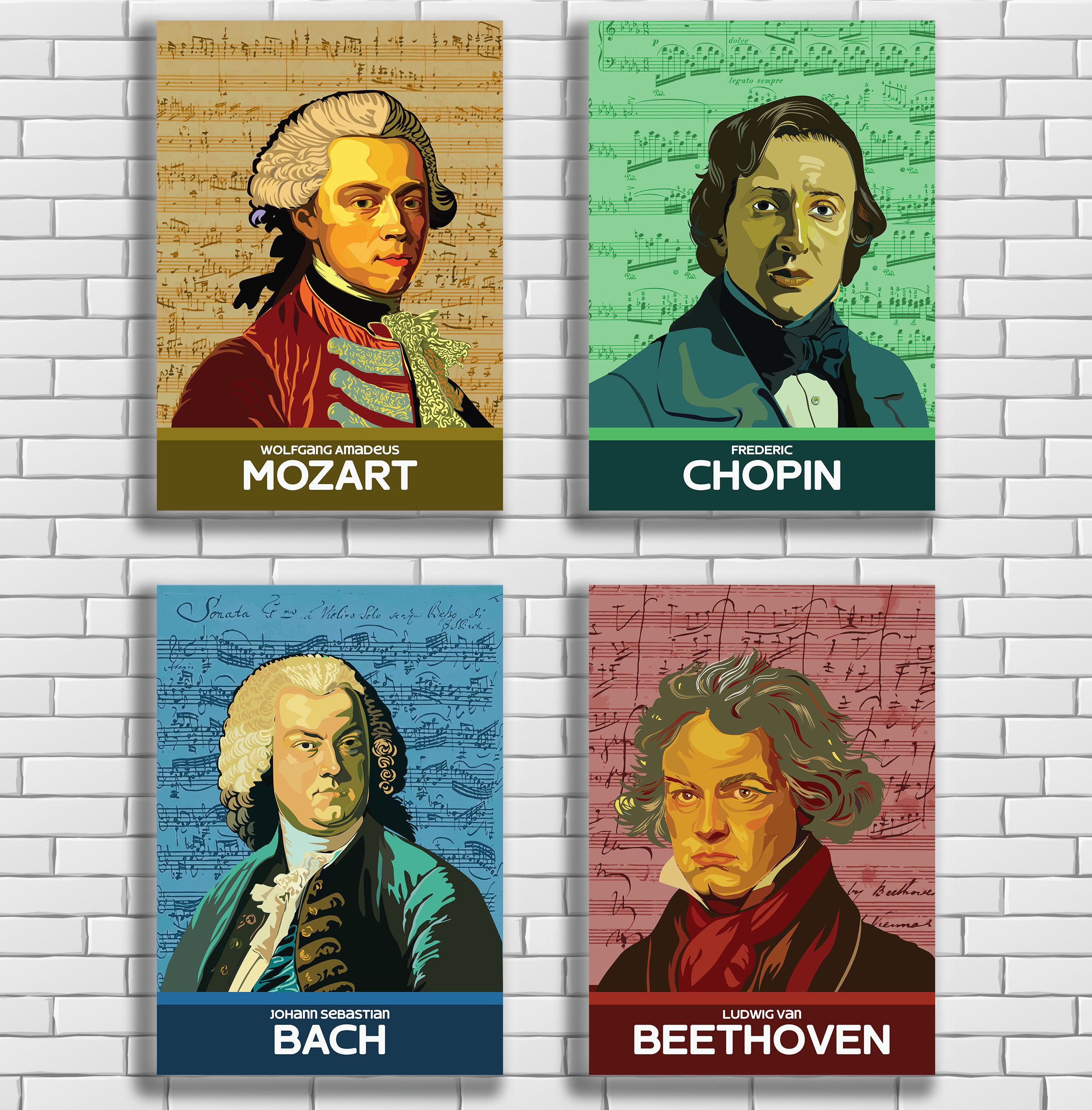 Classical Composers Poster Set: Mozart, Bach, Beethoven, Chopin (Digital Download)