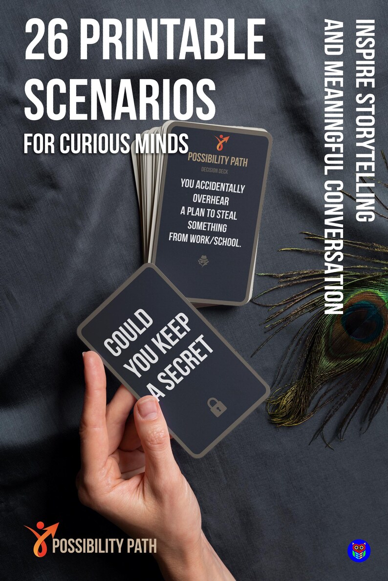 Puede incluir: Un mazo de 26 tarjetas de escenarios imprimibles para mentes curiosas, con el texto "Could You Keep a Secret" en una tarjeta. Las tarjetas son de color gris oscuro con texto blanco y un icono de candado. Tambi&eacute;n se ve el texto "Inspire Storytelling and Meaningful Conversation".