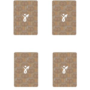 Puede incluir: Cuatro tarjetas rectangulares con un patr&oacute;n de b&uacute;hos repetido en tonos marrones, beige y naranja. Cada tarjeta presenta un logotipo blanco de una persona con una flecha hacia arriba. Las tarjetas est&aacute;n dispuestas en una cuadr&iacute;cula de 2x2 sobre un fondo blanco.