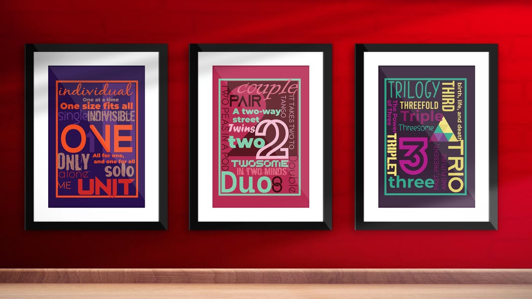 One Two Many Poster Posters Depicting Numbers 1, 2, and 3 With Synonyms and Phrases, for ...