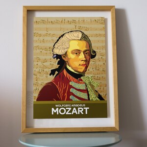 May include: A framed poster featuring a portrait of Wolfgang Amadeus Mozart. The poster has a yellow background with musical notes and a gold border. The text "WOLFGANG AMADEUS MOZART" is printed in black at the bottom of the poster.