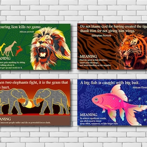 Puede incluir: Cuatro carteles coloridos con ilustraciones de animales y proverbios africanos. Los carteles presentan un león, un tigre, elefantes y un pez. Cada cartel incluye el proverbio, su significado y el origen del proverbio.