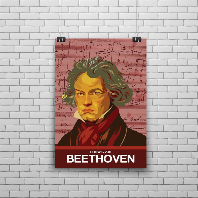May include: A poster featuring a portrait of Ludwig van Beethoven, a famous composer. The poster has a red background with musical notes and handwritten text. The text at the bottom reads "Ludwig van Beethoven".