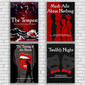 Shakespeare Plays Comedies Posters English Classroom Decor The Tempest Twelfth Night Much Ado About Nothing Taming of the Shrew art Digital