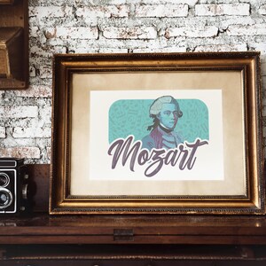 K&ouml;nnte beinhalten: Ein gerahmter Druck eines Portr&auml;ts von Wolfgang Amadeus Mozart, mit einem t&uuml;rkisfarbenen Hintergrund und dem Wort "Mozart" in lila Schrift.