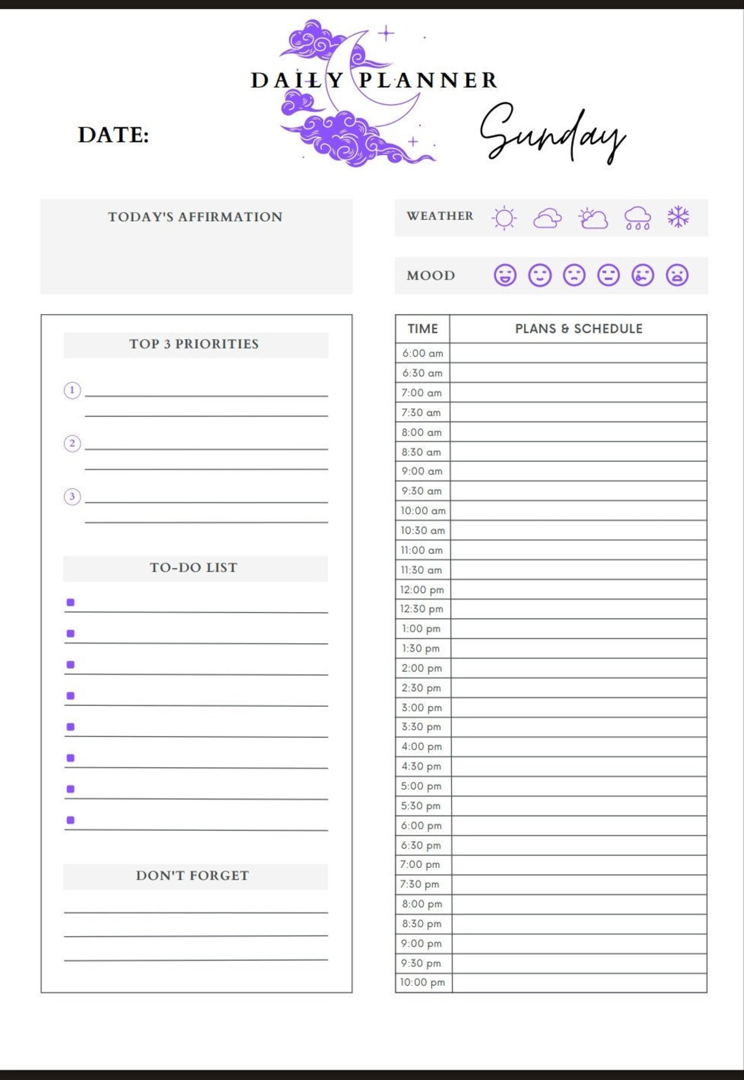 Purple moon non dated daily planner etsy