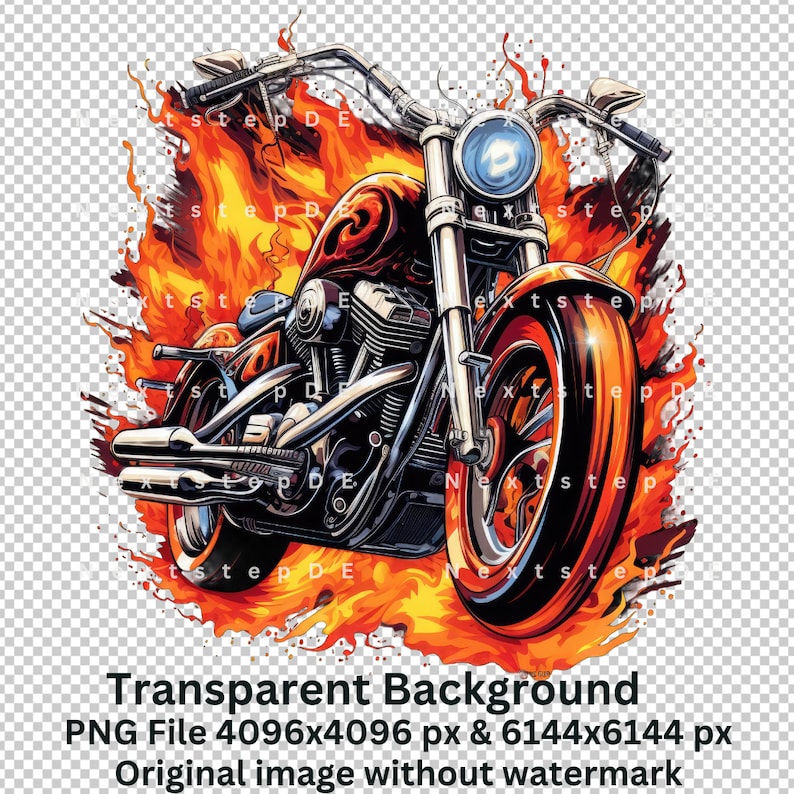 May include: A chrome motorcycle with a red and orange paint job is engulfed in flames. The motorcycle has a large front wheel and a smaller rear wheel. The flames are orange and yellow and are coming from the motorcycle's engine and exhaust.