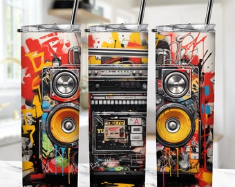 Vintage hip hop ghettoblaster sublimation, graffiti paint sublimation, boombox sublimation design, tumbler wrap png, ghetto player png