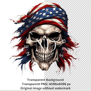 Könnte beinhalten: Ein Schädel mit einem rot-weiß-blauen Bandana, das um seinen Kopf gebunden ist. Das Bandana ist im Stil einer traditionellen amerikanischen Flagge gestaltet. Der Schädel hat einen grimmigen Ausdruck mit einem breiten Grinsen und scharfen Zähnen.