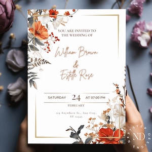 May include: A wedding invitation with a floral design featuring red, orange, and white flowers. The invitation reads "You are invited to the wedding of William Brown & Estelle Rose" and includes the date and time of the wedding: "Saturday, February 24 at 07:00 PM". The address is also included: "123 Anywhere St., Any City, ST 12345".