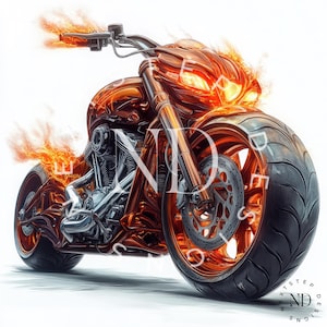 May include: A fiery orange and chrome motorcycle with flames coming from the engine and wheels. The motorcycle has a large front tire and a smaller rear tire.